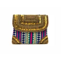 Embellished Fabric Clutch Bag. The Flap Features Intricate Beadwork, With Gold Beads And Sequins. With Magnetic Closure, Cotton Lining With Pocket, And A Chain Strap. Handmade. Dimensions: 8 Inches Height X 10 Inches Length; With A Detachable Chain Strap 40 Inches Long Materials: 1) Gold Beads And Sequins Sewn On Fabric Flap; 2) With Handloom Fabric Body; 3) With Beadwork Accents On The Lower Corners. Bohemian Gold Embellished Bags, Multicolor Embellished Pouch Bag, Embellished Multicolor Pouch Bag, Embellished Multicolor Bags As Fashion Accessory, Embellished Clutch For Everyday Use, Embellished Clutch Bags For Everyday Use, Gold Bohemian Clutch Bag, Pom Pom Clutch, Fabric Clutch