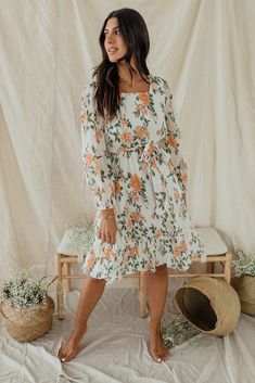 Modest floral fall dresses for women | PINK DESERT Square Neck Long Sleeve Dress, Fall Dresses For Women, Fall Floral Dress, Pink Desert, Fall Family Photos, Women Pink, Fall Family, Tier Skirt, Cute Dress