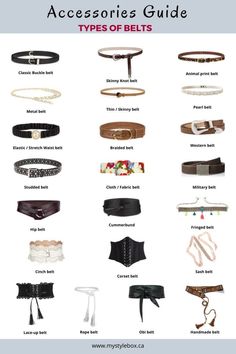 different types of belts with the words accessories guide on top of them and below it