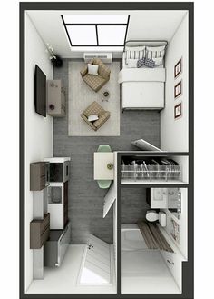 an overhead view of a small studio apartment