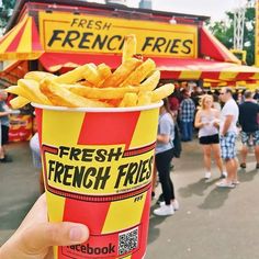 a person holding up a french fries cup