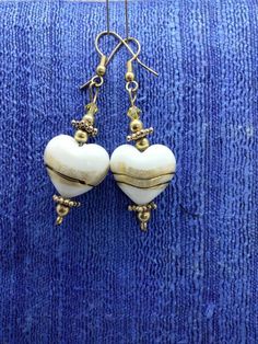 Goldfield spacer earwires, lampwork hearts, White Heart Beads Drop Earrings, White Drop Earrings With Heart Beads, White Dangle Heart Bead Earrings, White Heart Bead Dangle Earrings, White Heart Beads Dangle Earrings, White Beaded Pierced Earrings For Gift, White Dangle Heart Earrings With Beads, Nickel-free Adjustable Heart Earrings, Nickel-free Heart Earrings