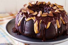 a bundt cake covered in chocolate and peanut butter