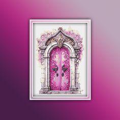 a cross stitch pattern with a pink door in the middle and an ornate arch above it