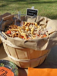 a basket filled with lots of food on top of a table