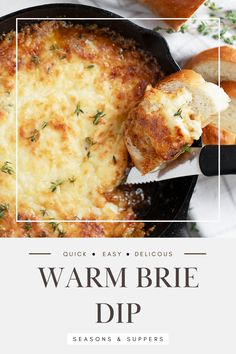 an image of warm brie dip with bread on the side and text overlay