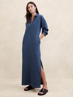 Long Denim Dress Outfit Ideas, Long Denim Dress Outfit, Demin Dress Outfit, Chambray Dress Outfit, Denim Dress Outfit, Long Denim Dress, Animal Print Maxi Dresses, Flounce Hem Dress, Denim Maxi Dress