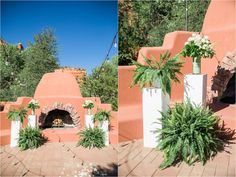 an outdoor fireplace with potted plants in front of it and another photo of the fire place