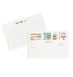 two recipe cards with kitchen utensils on them