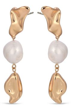 Molten drops frame luminous cultured freshwater pearls on light-catching linear earrings plated in gleaming 18-karat gold. 2 3/8" drop; 3/8" width Pearl size: 8-11mm Post back 18k-gold plate/cultured freshwater pearl Imported Gold Linear Pearl Drop Earrings For Party, Gold Linear Earrings With Pearl Drop For Party, Gold Teardrop Linear Earrings With Pearl Charm, Gold Pearl Dangle Linear Earrings, Gold Teardrop Pearl Linear Earrings, Gold-tone Pearl Drop Dangle Earrings, Gold Dangle Linear Earrings With Pearl Charm, Gold Pearl Linear Earrings With Matching Pair, Linear Earrings