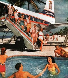 people are in the pool near an airplane