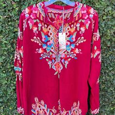 Johnny Was Embroidered Tunic Top Shirt Size S Nwt Red Long Sleeve Top With Intricate Embroidery, Red Embroidered Long Sleeve Top For Fall, Red Embroidered Top With Embroidered Hem, Spring Red Blouse With Resham Embroidery, Red Embroidered Top With Resham For Summer, Red Blouse With Resham Embroidery For Spring, Red Resham Embroidered Top For Summer, Red Long Sleeve Blouse With Floral Embroidery, Red Tops With Resham Embroidery For Summer