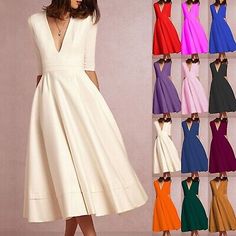 Premium Quality Womens Vintage Deep V Neck Cocktail Dress 3/4 Sleeve Pleated Swing Dress Solid, Women's Dresses White 3/4 Sleeve Evening Dress, Spring Party Dresses In 3/4 Length, Spring Party Dress 3/4 Length, Spring Party Dress, 3/4 Length, Spring Party Dresses With 3/4 Length, Solid Color Dresses With 3/4 Sleeve For Fall, Solid Fall Dresses With 3/4 Sleeve, Fall Dresses With 3/4 Sleeves In Solid Color, Solid Color 3/4 Length Fall Dress