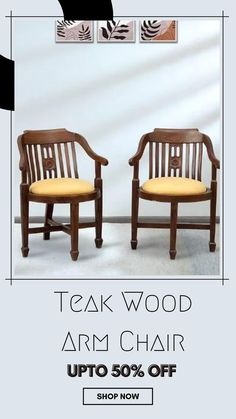 two wooden chairs with yellow cushions on the back and one is up to 50 % off