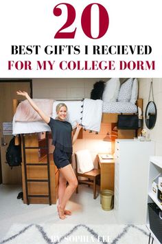 a woman standing in her dorm room with the words 20 best gifts i received for my college dorm