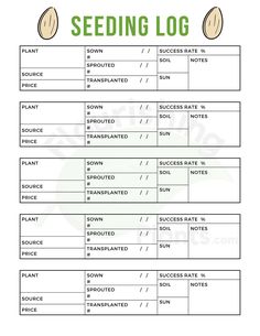 the seeding log is shown in green and white, with instructions for each section