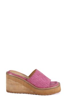 A shimmery woven strap adds a pop of color to a retro-chic sandal set on a stacked wedge heel. 3 1/4" heel; 1" platform Cushioned footbed Leather upper and lining/synthetic sole Imported Spring Pink Wedge Sandals With Woven Sole, Pink Wedge Sandals With Textured Footbed For Spring, Pink Synthetic Sandals With Woven Sole, Pink Sandals With Woven Sole, Spring Woven Leather Wedge Sandals, Synthetic Wedge Sandals With Woven Sole And Open Heel, Spring Open Toe Woven Leather Wedge Sandals, Spring Woven Leather Sandals With Wedge Heel, Summer Woven Leather Wedge Sandals