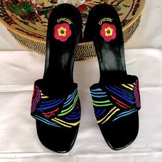 Chico’s Rainbow Floral Sandals, Nwot Size 8.5 M, One Of A Kind, Never Again To Be Made Very Soft Footbed, Very Elegant, Cool Looking Heel, Fabric Is Flawless, (Tiny Spot On Left Heel, Small Marks On Right Heel) If You Love It, Make An Offer! All Offers Welcome!! Multicolor Block Heel Casual Sandals, Casual Multicolor Heels With Heel Strap, Multicolor Summer Mules For Party, Multicolor Sandals With Wooden Heel For Spring, Multicolor Round Toe Mules For Summer, Multicolor Mules For Summer Party, Multicolor Heels With Wooden Heel For Summer, Multicolor Sandals With Wooden Open Heel, Multicolor Open Heel Sandals With Wooden Heel