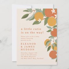 an orange themed baby shower is shown with the words, a little cutie is on the way