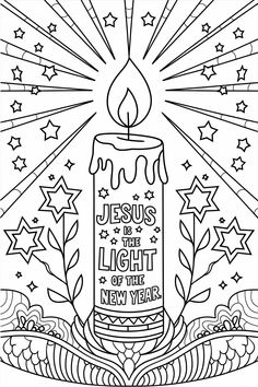 a coloring page for jesus is the light of the new year with candles and stars