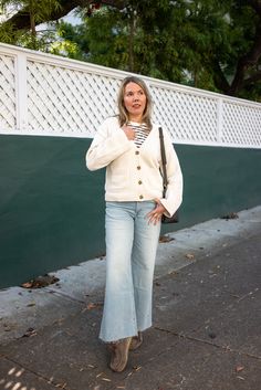 OUTFIT DETAILS: Gap Pocket Cardigan Sweater | Gap striped tee | Mango Culotte jeans | Loewe Puzzle Bag | Clarks Wallabees Real Women Fashion, Culotte Jeans, Clarks Wallabees, Cardigan Outfit