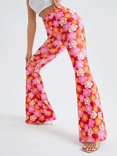 Allover Floral Print Flare Leg Trousers Multicolor Casual   Fabric Floral,All Over Print Flare Leg Slight Stretch Spring/Summer/Fall Women Clothing, size features are:Bust: ,Length: ,Sleeve Length: Flower Pants Outfit, Groovy Clothes, Flower Pants, Outfits 70s, 70s Outfits, Coachella Dress, Business Formal Dress, Shein Icon, Flare Leg Pants