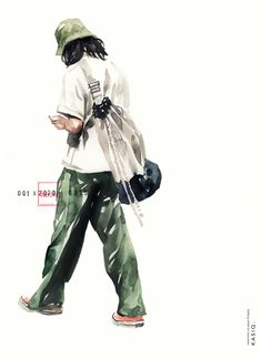 a watercolor painting of a person walking with a cell phone in her hand and wearing green pants