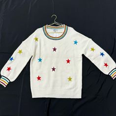 White Sweater Printed W/ Multicolor Stars & A Striped Neckline/Sleeve Area, Nwt! White Sweater With Star Print For Winter, White Star Print Winter Sweater, White Winter Sweater With Star Print, White Crew Neck Sweater With Star Print, White Star Print Sweater For Fall, Fall White Sweater With Star Print, Casual Multicolor Tops With Star Print, Casual Multicolor Star Print Top, Free People Cardigan