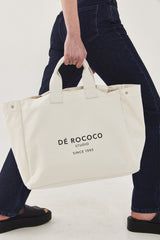 DE ROCOCO Silver Buttons, Off White Color, Large Bag, Leather Handles, Leather Patches, Print Logo, Rococo, Canvas Tote Bag