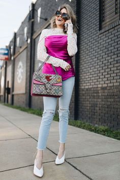 All you need is love…or GUCCI, amiright? This Valentine's Day try pairing this girly girl pink lace top with skinny jeans and white heels for a flirtyy look. Tap to get my tips for finding the perfect outfit this Valentine's Day that matches your style Leopard Sweater Dress, Outfit Looks, Pink Lace Tops, Nice Outfits, Boho Girl, Romantic Dinner