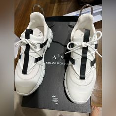 Brand New Armani Exchange Women Shoes Size 9 Designer White Synthetic Sneakers, Elegant White Sneakers With Rubber Sole, Chic White Low-top Sneakers, Chic White Sneakers With Rubber Sole, Chic White Flat-heeled Sneakers, Armani Exchange Shoes, Armani Exchange Women, Armani Exchange, Womens Shoes Sneakers