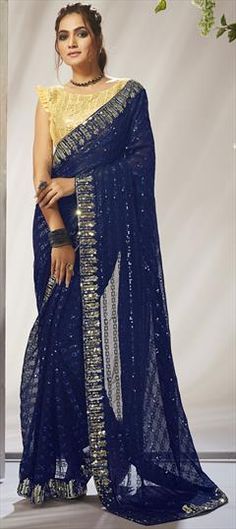 Blue color Saree in Georgette fabric with Embroidered, Sequence, Thread work Royal Blue Party Saree With Pallu, Festive Blue Saree With Sequins, Festive Blue Sequined Saree, Party Wear Blue Saree With Resham Embroidery, Party Blue Saree With Resham Embroidery, Blue Embroidered Saree For Party, Blue Bollywood Saree With Sequins, Traditional Blue Saree For Party, Blue Sequined Saree For Diwali