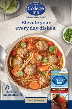 the college inn ad features meatballs and noodles in a bowl with broccoli