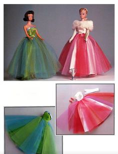 two barbie dolls dressed in colorful dresses and one is wearing a fur stole, the other has