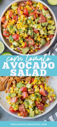 corn salad with avocado, tomatoes and cilantro in a white bowl