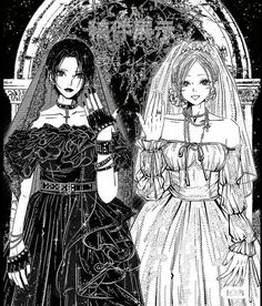 two women in wedding dresses standing next to each other on a black and white background