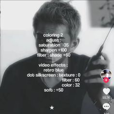 a man holding a cell phone up to his face with text below it that reads, coloring 2 adidas sharpen + 350 filter shade + 600 video effects reto blue