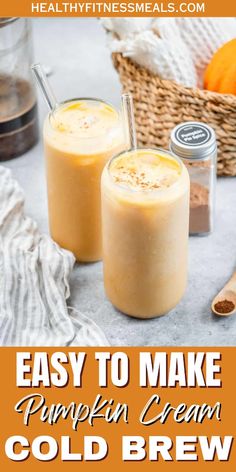 two pumpkin cream cold brews with text overlay that reads easy to make pumpkin cream cold brew