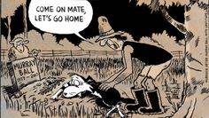 a cartoon depicting a woman trying to kill a dog in the yard with a sign that says, come on mate let's go home