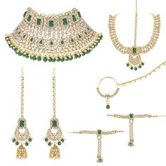 A DAZZLING AND AN EXQUISITE 8 PIECE NECKLACE- SET IN White,Green and Gold COLOR PERFECT FOR BRIDES AND FORMAL OCCASIONS Shipping through UPS courier and delivery time 8-10 working days depending on the destination This is an amazing and awesome piece which you can not afford to miss. It is hand crafted by skilled artisans of India . STUNNING PIECE TO WEAR FOR FORMAL OCCASIONS AND WEDDINGS A MUST HAVE FOR THE BRIDE TO BE You will seldom find such ethnic piece It will razzle and dazzle at any part Haath Phool, Bridal Choker Necklace, Pakistani Bridal Jewelry, Matha Patti, Necklace Set Indian, Heritage Jewellery, Bridal Choker, Indian Jewelry Sets, Bollywood Jewelry