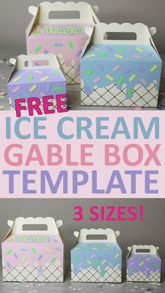 Gable style box decorated like ice cream. Free box SVG templates comes in 3 different sizes. Use with Cricut or Silhouette. Paper Cake Box Template, Gable Box Party Favors, Gable Box Template Svg Free, Clear Gable Box Ideas, Gable Box Template Free Printable, Ice Cream Template Free Printable, Free Box Svg, Cricut Box Templates Free, Boxes Cricut