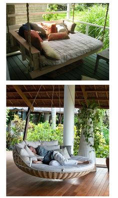 two pictures of a person laying in a hammock on a porch swing bed