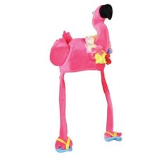 a pink flamingo toy with flowers on its legs