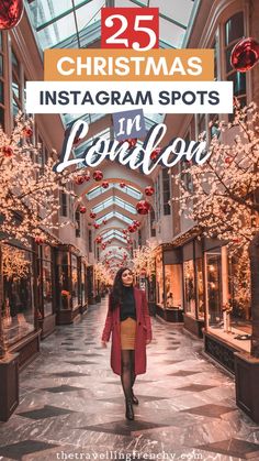 a woman is walking down the street in front of christmas lights and decorations with text overlay