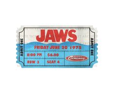 a ticket for jaws on the front of a white background with red and blue lettering