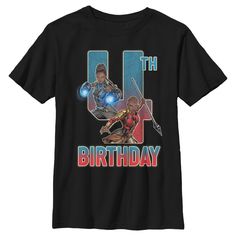 Celebrate your special day with your favorite comic book heroes as you party with your friends and family in style with this officially licensed graphic apparel from Marvel! Presenting the Shuri and Okoye 4th Birthday Boys' Graphic T-Shirt featuring the fierce Okoye and Shuri getting ready for the fight and "4th Birthday" printed in ombre style letters that fade from blue to red across the front. Grab one of these amazing Marvel shirts and stand out at your birthday bash this year! Avengers Birthday Shirts Family, Avengers Birthday Shirt 5, Superhero Graphic T-shirt For Fans, Cheap Superhero T-shirt For Birthday, Superhero Short Sleeve Birthday T-shirt, 7th Birthday Boys, 6th Birthday Boys, 4th Birthday Boys, 5th Birthday Boys