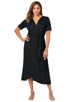 Make a sweeping entrance anywhere you go in this gorgeous high-low hemline, shape-defining dress with a tie at the waist. Pair it with pumps to finish your look. V-necklineShort sleevesSelf-tie belt at back waistHigh-low hemline57" lengthRayon/spandexMachine wash; imported  | Plus Size Women's Stretch Knit Tie-Waist Midi Dress by Jessica London in Black (Size 22/24) High Low Midi Dress, High Waisted Swim Bottoms, Wardrobe Goals, Midi Dress Black, Blouse Tank Top, Knit Tie, Dress With Tie, Womens Scrubs, Swimsuits For All