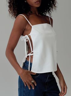 Linen top Adjustable shoulder straps, cut outs at side with tie fastening Non-stretch material, fully lined 70% cotton 30% linen Cold gentle machine wash Cute White Top Outfits, Italy Clothes, White Cami Tops, Baby Crop Top, Pink Formal Dresses, Fleece Dress, Festival Tops, Outerwear Outfit, Strapless Tops