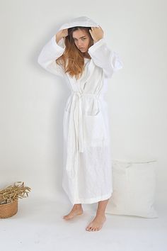 Linen bath robe  Long robe with hood   Long linen от pureWHITEspa Robe With Hood, Linen Gown, Clothes Lines, Linen Bathrobe, Natural Things, Linen Robe, Gown White, Linen Loungewear, Poses Photography