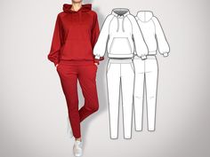 a woman in a red and white outfit standing next to an illustration of a women's hoodie and sweatpants